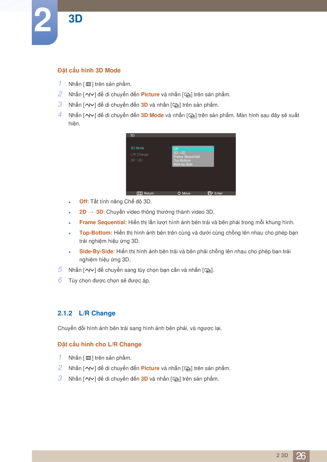 Samsung LS23A750DSL/XY, LS23A750DS/XV manual 2 L/R Change, Đặt cấu hình 3D Mode, Đặt cấu hình cho L/R Change 