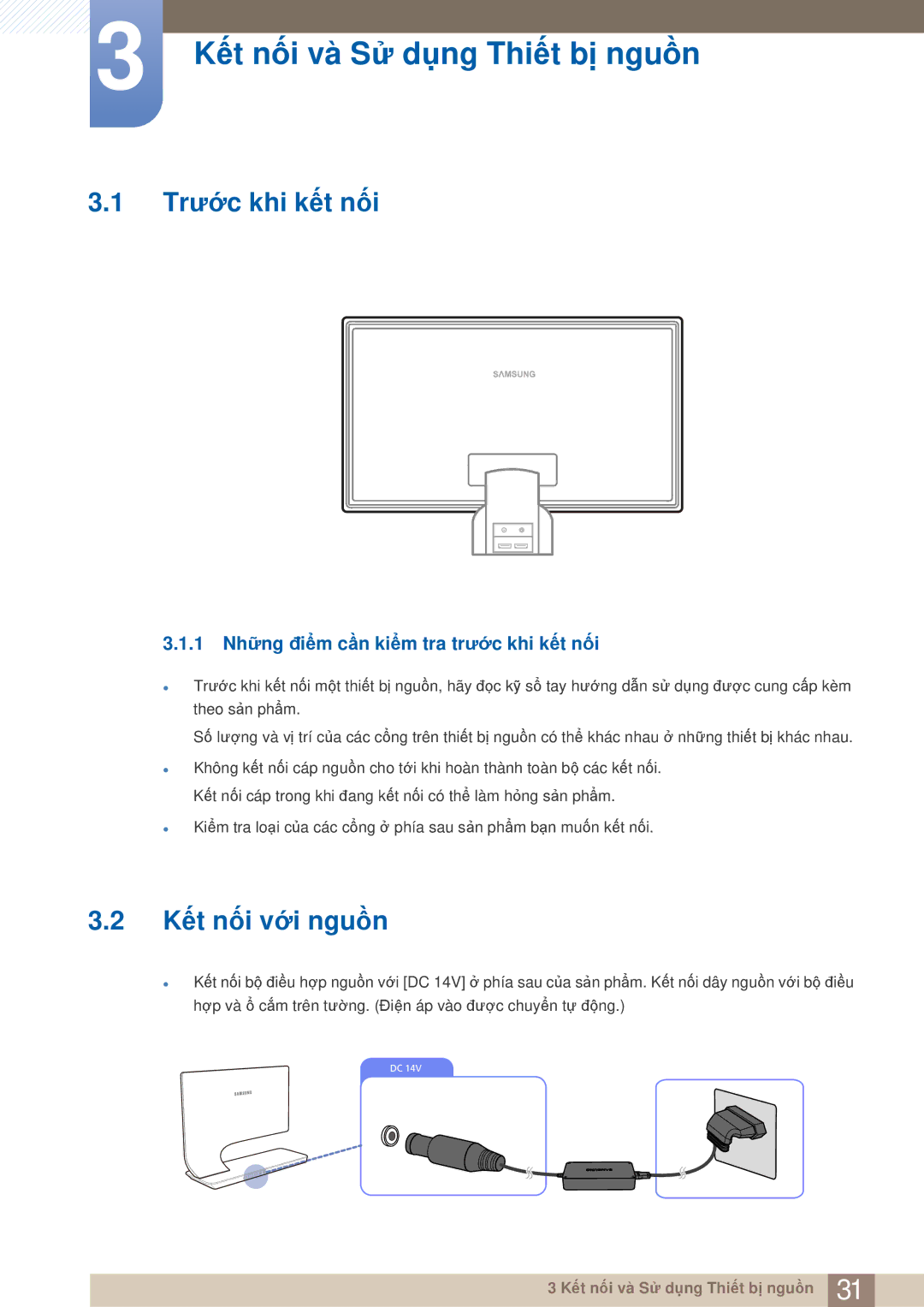 Samsung LS23A750DS/XV, LS23A750DSL/XY manual Kết nối và Sử dụng Thiết bị nguồn, Trước khi kết nối, Kết nối với nguồn 