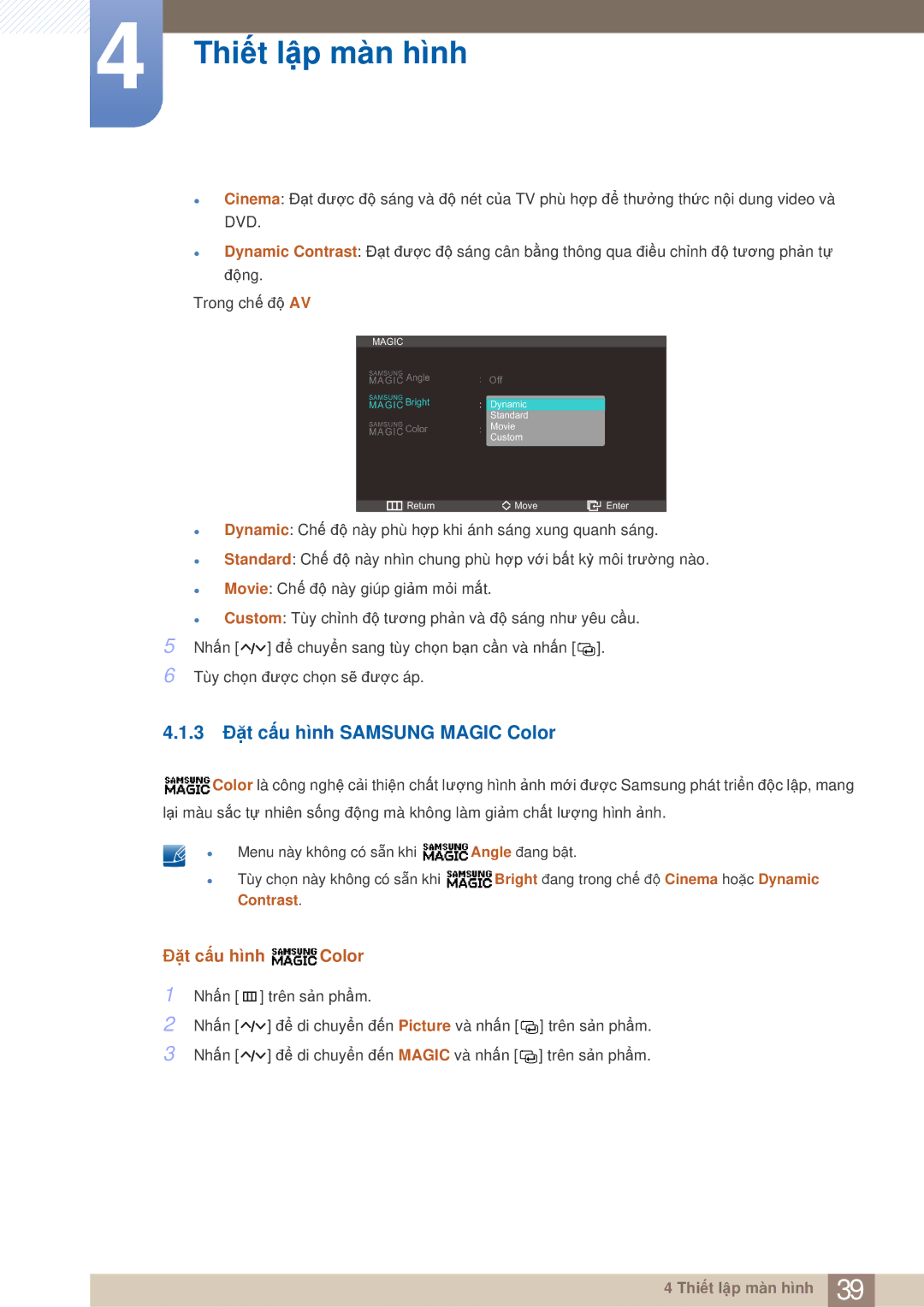 Samsung LS23A750DS/XV, LS23A750DSL/XY manual 3 Đặt cấu hình Samsung Magic Color, Đặt cấu hình Color 