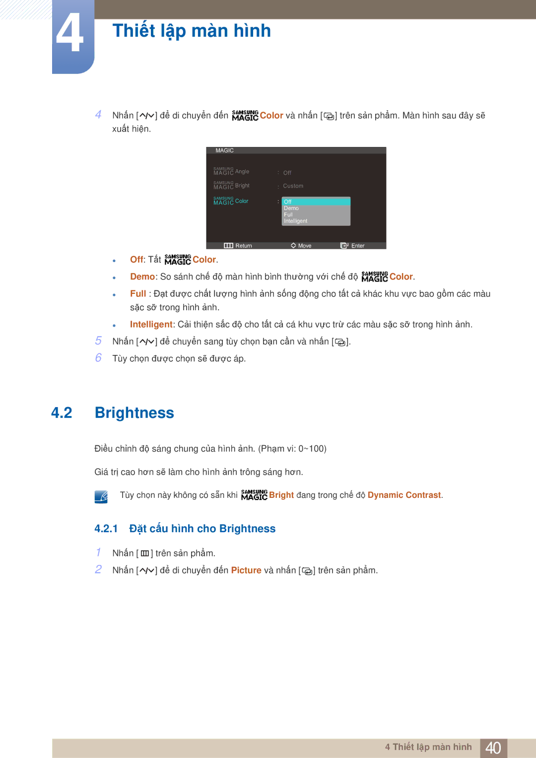 Samsung LS23A750DSL/XY, LS23A750DS/XV manual 1 Đặt cấu hình cho Brightness 