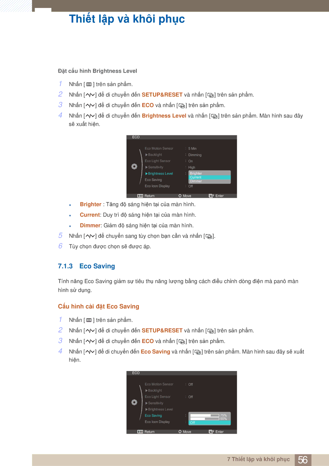 Samsung LS23A750DSL/XY, LS23A750DS/XV manual Cấu hình cài đặt Eco Saving 