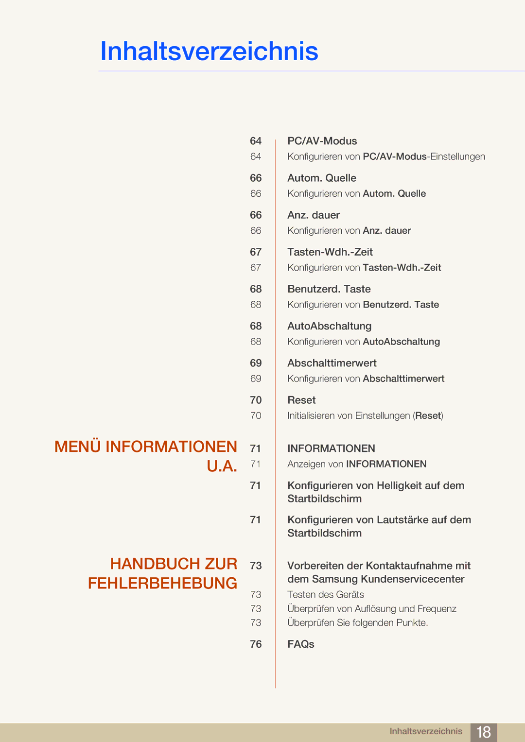 Samsung LS27A950DS/EN, LS23A950DSL/EN, LS27A950DS/ZA manual Menü Informationen 71 U.A Handbuch ZUR 73 Fehlerbehebung 