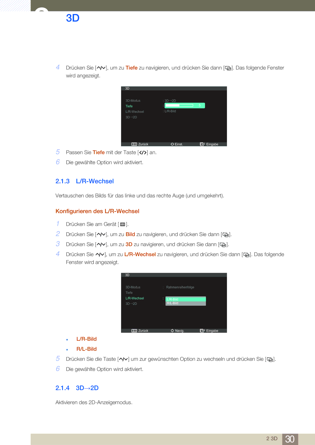 Samsung LS27A950DS/EN, LS23A950DSL/EN, LS27A950DS/ZA, LS27A950DSL/EN 3 L/R-Wechsel, 4 3D→2D, Konfigurieren des L/R-Wechsel 