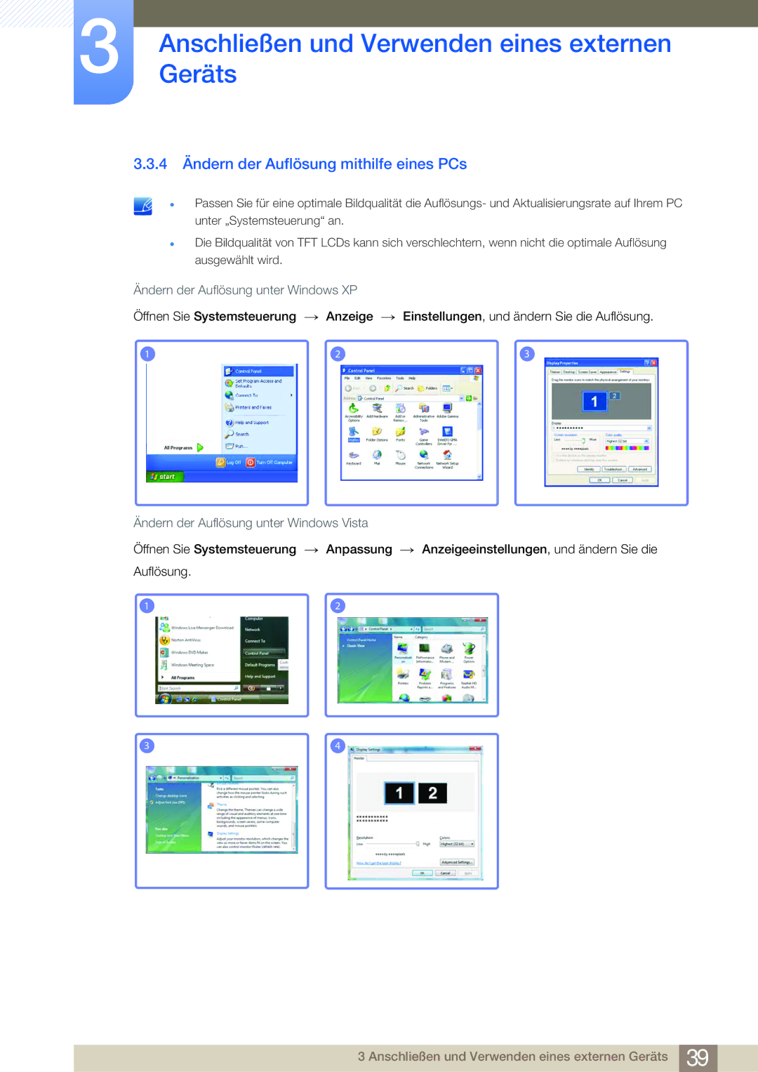 Samsung LS27A950DSL/EN, LS23A950DSL/EN 4 Ändern der Auflösung mithilfe eines PCs, Ändern der Auflösung unter Windows Vista 