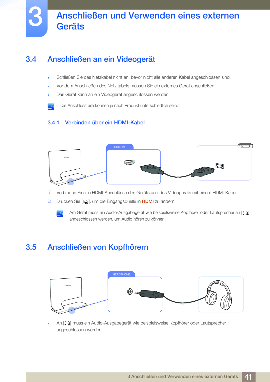 Samsung LS27A950DS/ZA manual Anschließen an ein Videogerät, Anschließen von Kopfhörern, Verbinden über ein HDMI-Kabel 