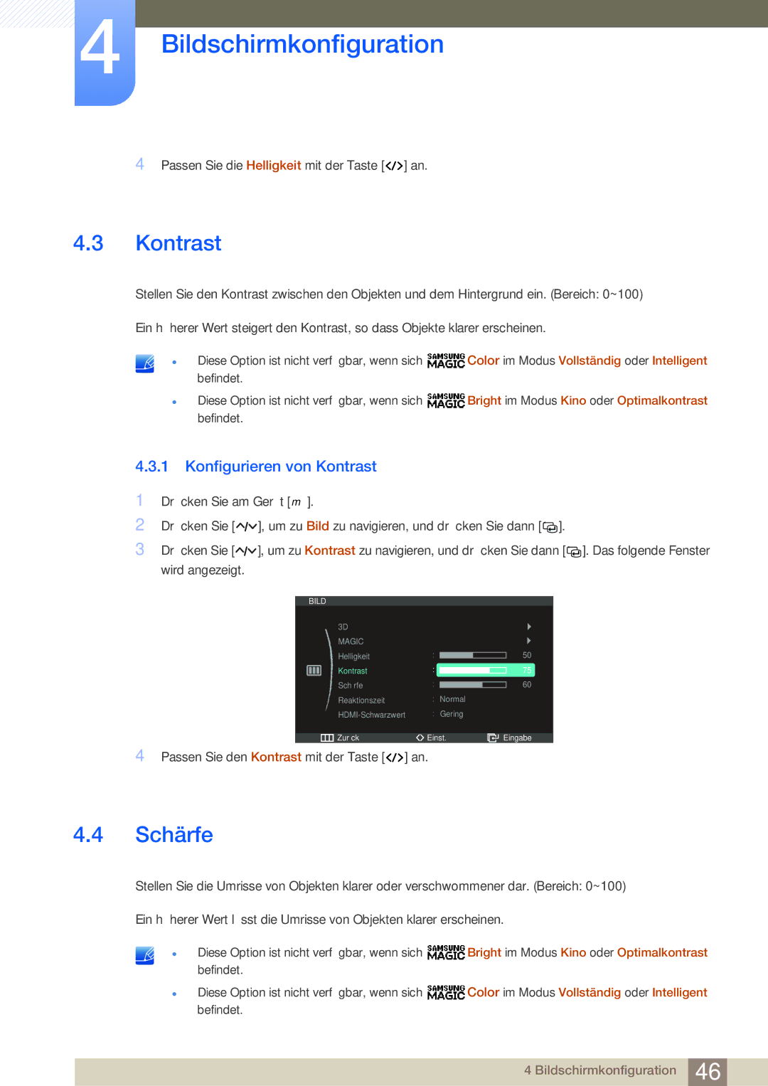 Samsung LS27A950DS/EN, LS23A950DSL/EN, LS27A950DS/ZA, LS27A950DSL/EN manual Schärfe, Konfigurieren von Kontrast 