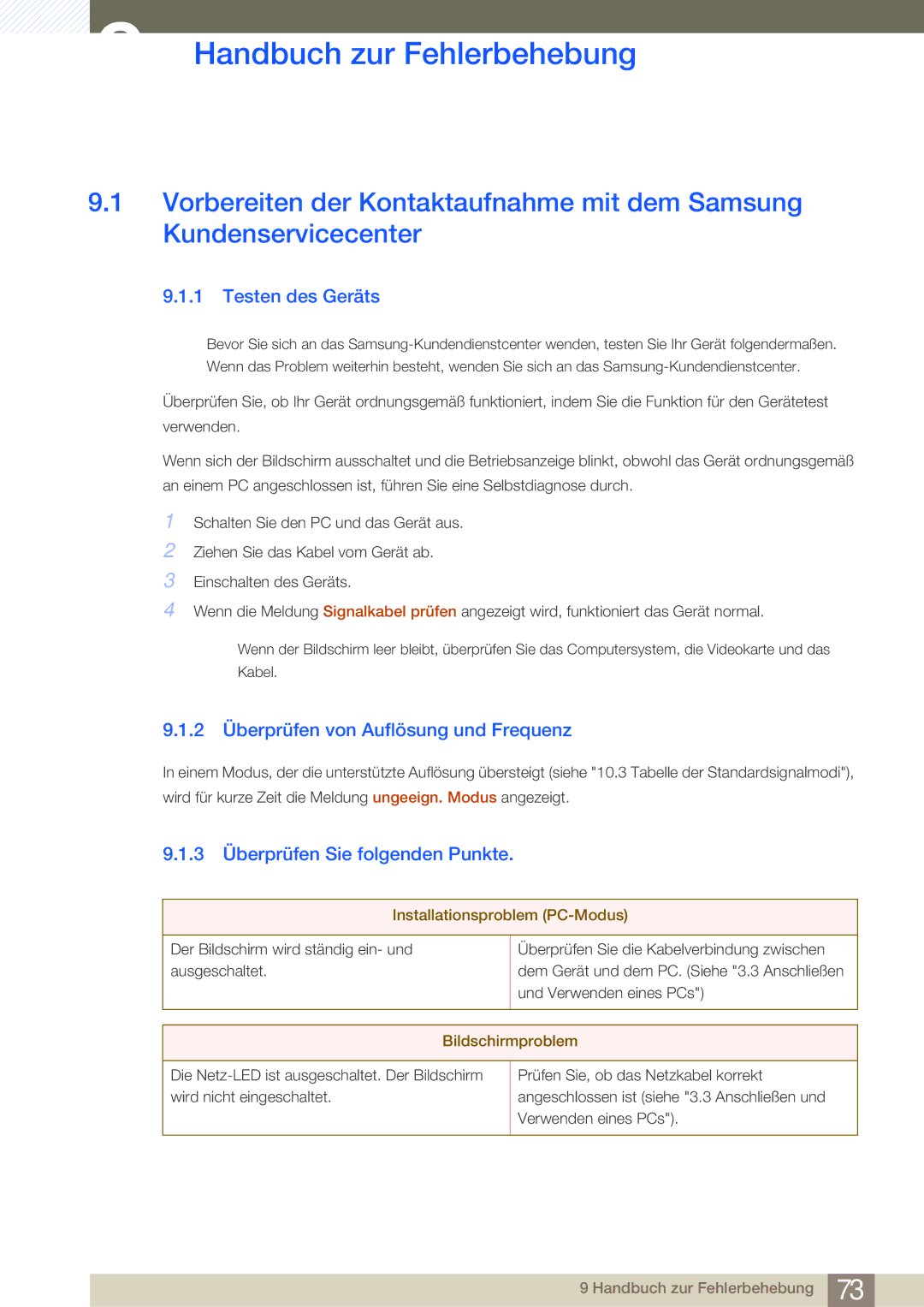 Samsung LS27A950DS/ZA manual Handbuch zur Fehlerbehebung, Testen des Geräts, 2 Überprüfen von Auflösung und Frequenz 