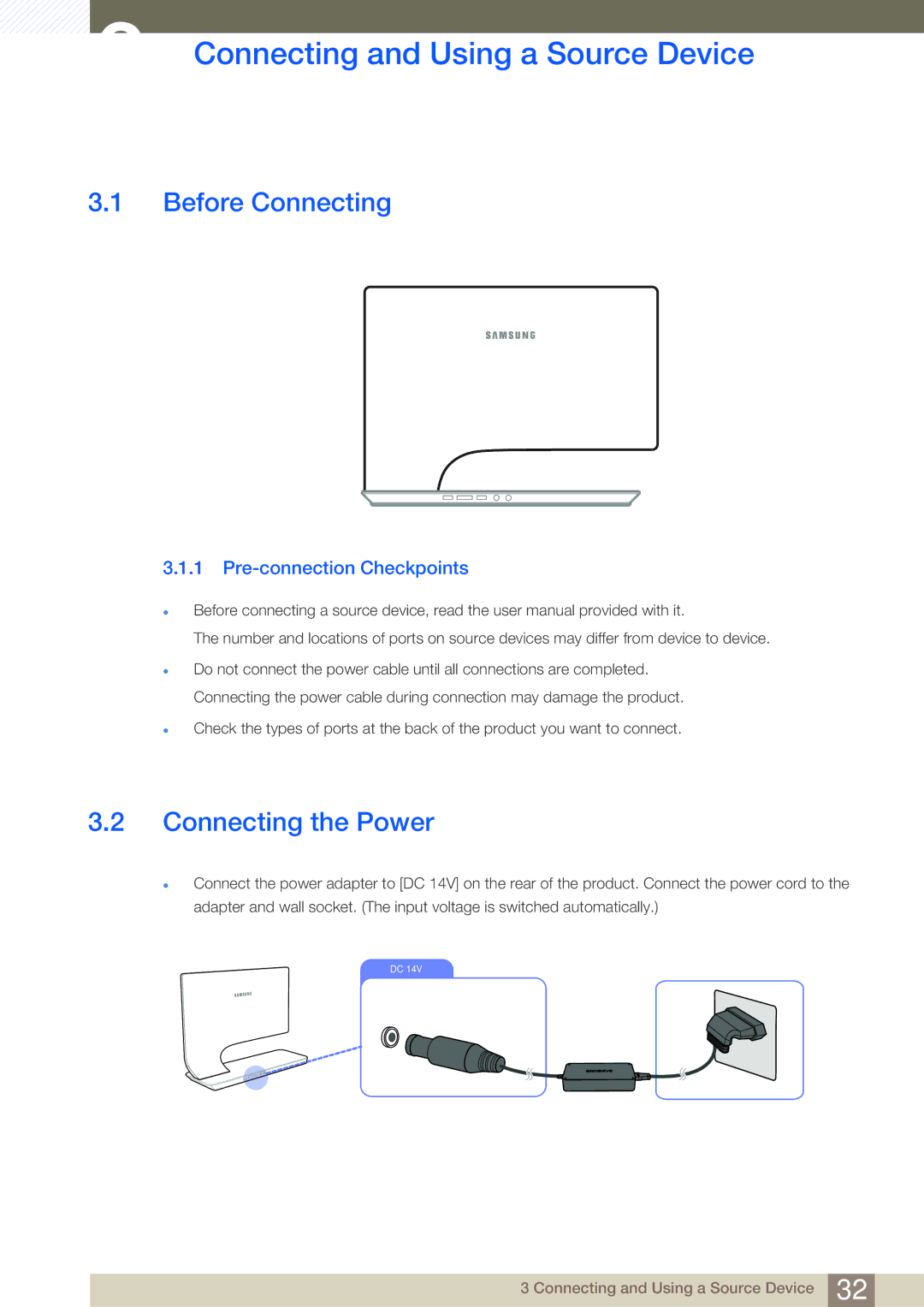 Samsung LS27A950DSL/XJ, LS23A950DSL/EN manual Connecting and Using a Source Device, Before Connecting, Connecting the Power 