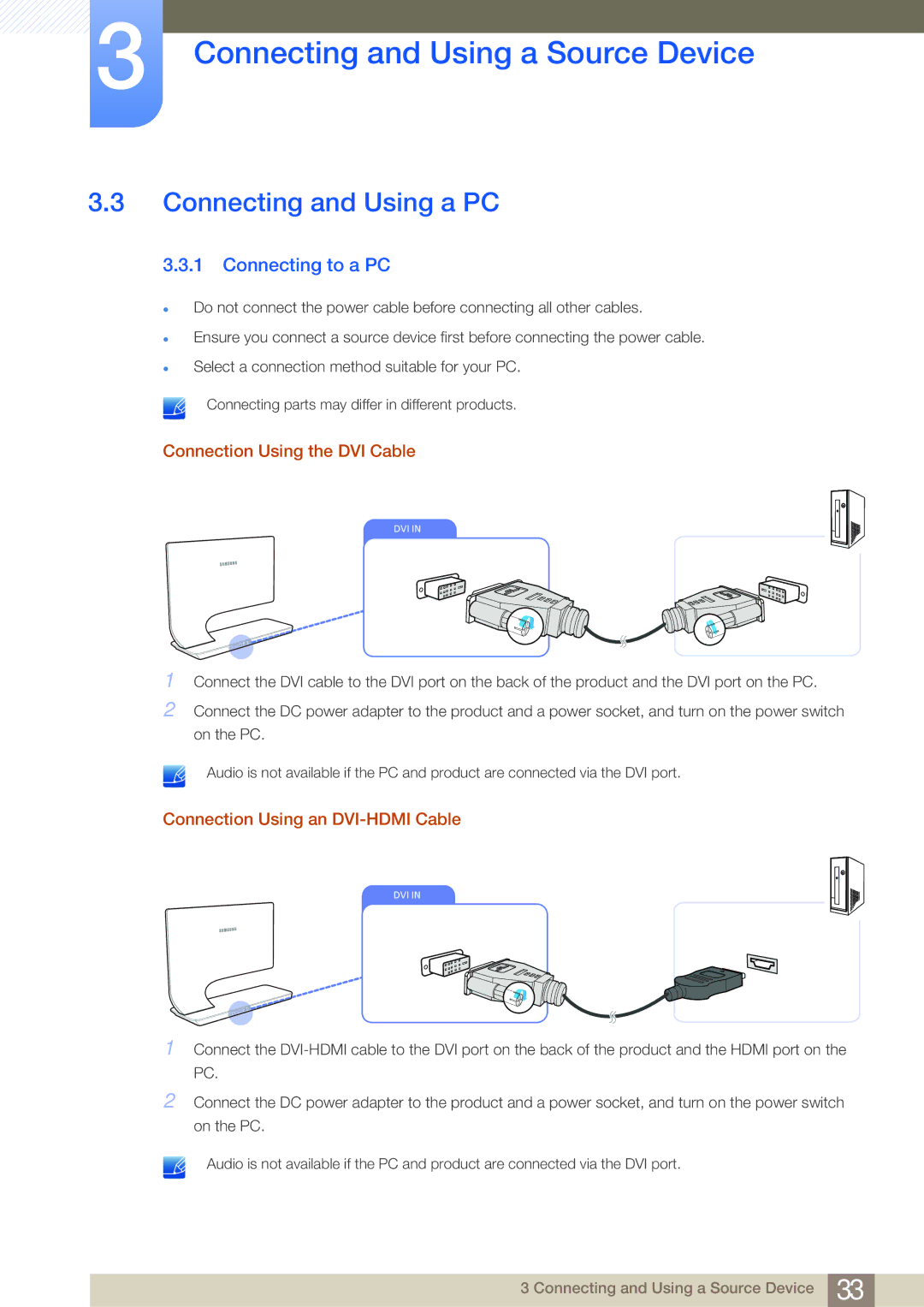 Samsung LS23A950DS/XJ, LS23A950DSL/EN manual Connecting and Using a PC, Connecting to a PC, Connection Using the DVI Cable 