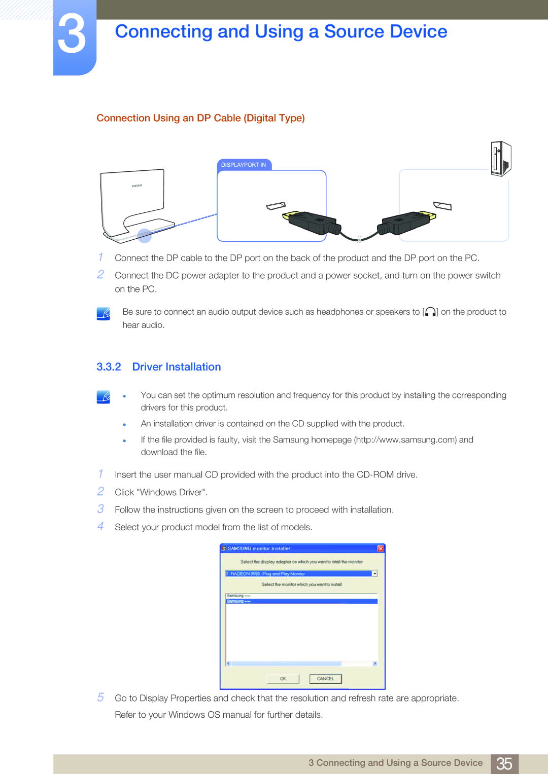 Samsung LS27A950DS/EN, LS23A950DSL/EN, LS27A950DS/ZA manual Driver Installation, Connection Using an DP Cable Digital Type 