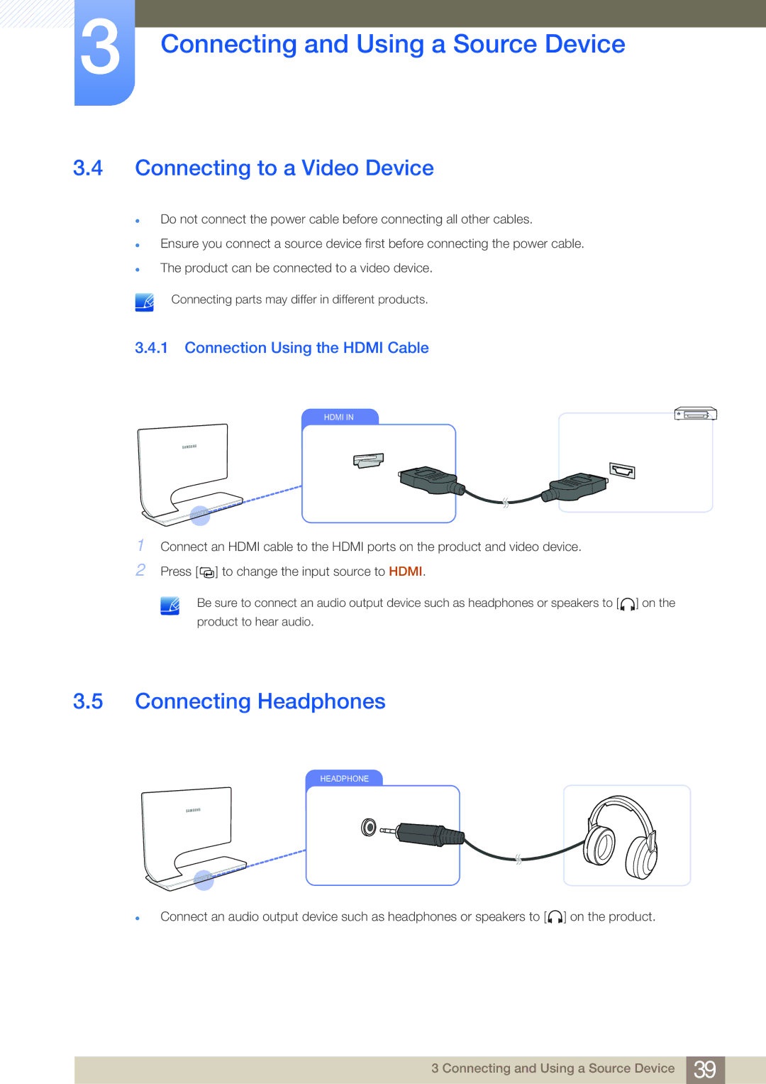 Samsung LS23A950DSL/ZN, LS27A950DS/ZA Connecting to a Video Device, Connecting Headphones, Connection Using the Hdmi Cable 