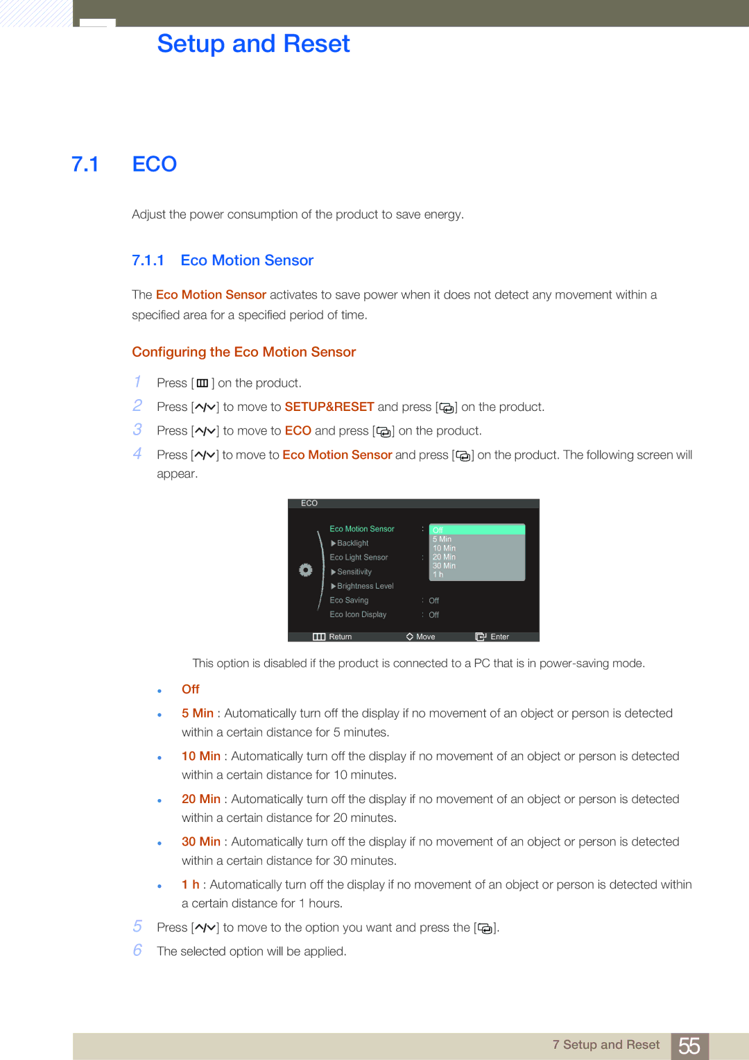 Samsung LS27A950DS/CI, LS23A950DSL/EN, LS27A950DS/ZA manual Setup and Reset, Configuring the Eco Motion Sensor 