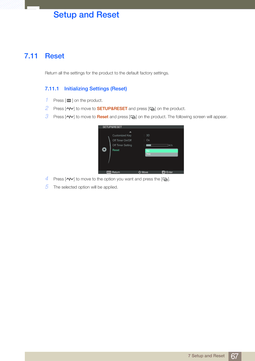 Samsung LS27A950DSL/ZN, LS23A950DSL/EN, LS27A950DS/ZA, LS27A950DSL/XJ, LS23A950DS/XJ manual Initializing Settings Reset 