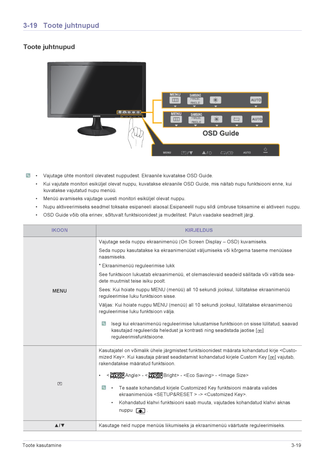 Samsung LS22A300NS/EN, LS23B300BS/EN, LS19B300NS/EN, LS22B300BS/EN, LS24B300BL/EN manual Toote juhtnupud, Ikoon Kirjeldus 