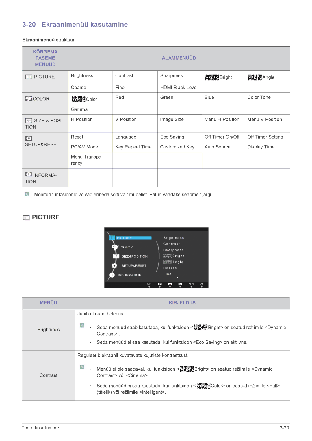 Samsung LS22B300NS/EN, LS23B300BS/EN manual Ekraanimenüü kasutamine, Kõrgema Taseme Alammenüüd Menüüd, Menüü Kirjeldus 