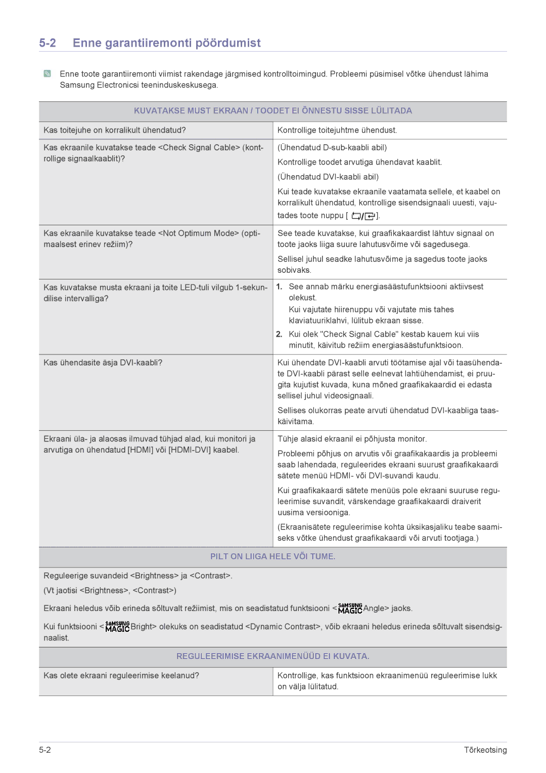 Samsung LS24B300BL/EN manual Enne garantiiremonti pöördumist, Kuvatakse Must Ekraan / Toodet EI Õnnestu Sisse Lülitada 