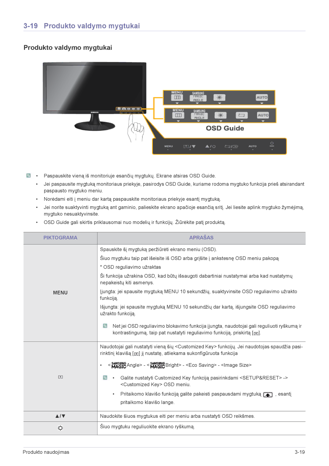 Samsung LS24B300BS/EN, LS23B300BS/EN, LS19B300NS/EN, LS22B300BS/EN manual Produkto valdymo mygtukai, Piktograma Aprašas 