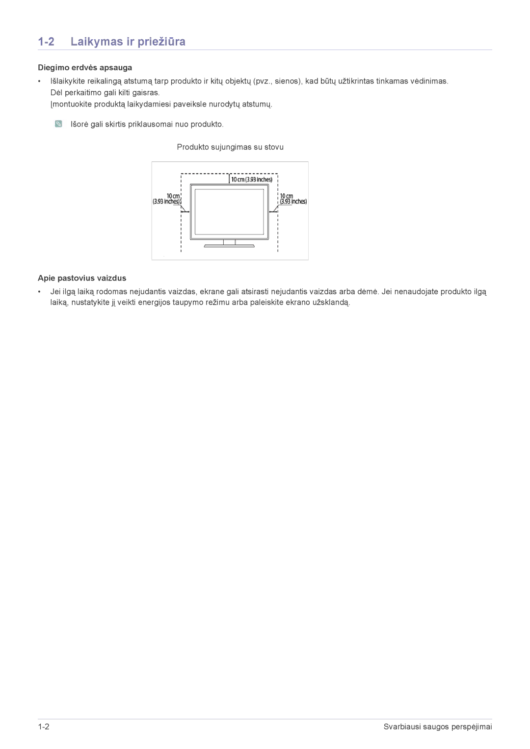 Samsung LS22B300NS/EN, LS23B300BS/EN, LS19B300NS/EN, LS22B300BS/EN manual Laikymas ir priežiūra, Diegimo erdvės apsauga 