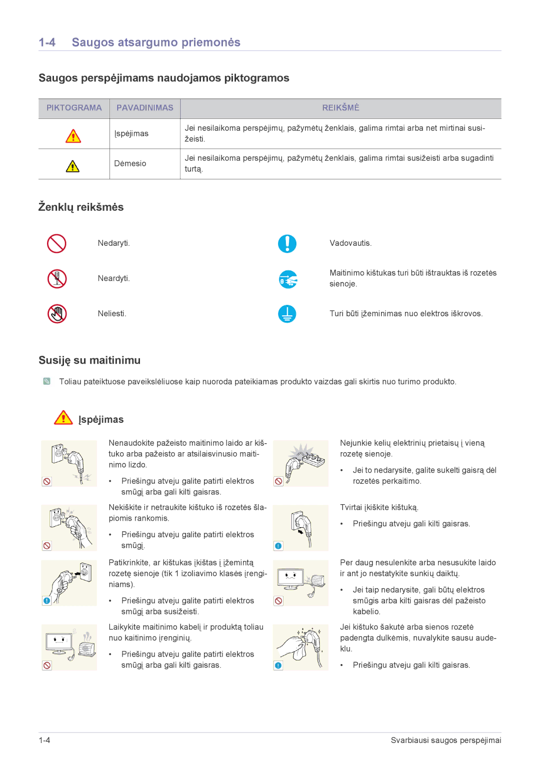 Samsung LS23B300BS/EN manual Saugos atsargumo priemonės, Saugos perspėjimams naudojamos piktogramos, Ženklų reikšmės 