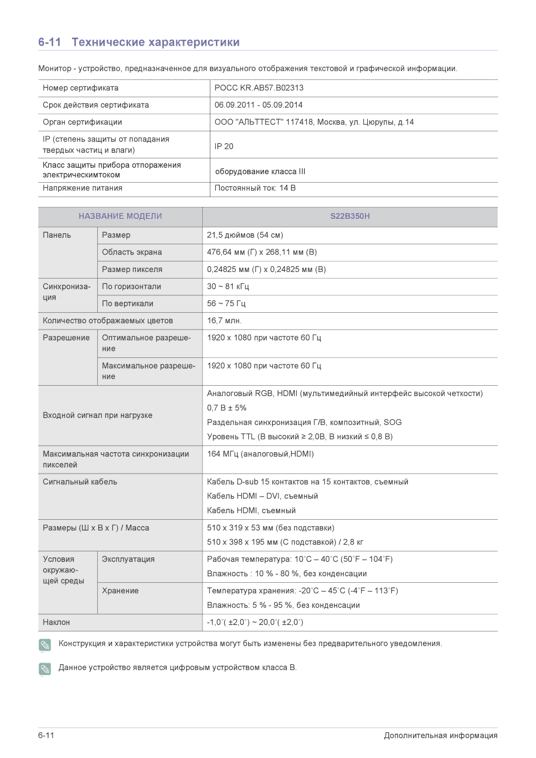 Samsung LS24B350HS/EN, LS23B350BS/EN, LS24B350HSY/EN, LS23B350HS/EN, LS27B350HS/EN 11 Технические характеристики, S22B350H 