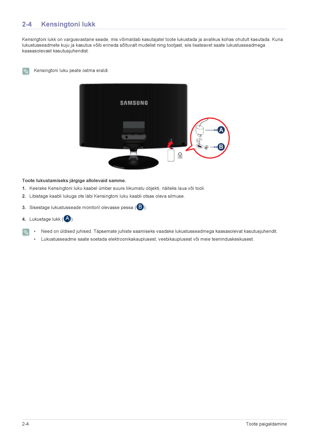 Samsung LS24B350HS/EN, LS23B350BS/EN, LS24B350HSY/EN manual Kensingtoni lukk, Toote lukustamiseks järgige allolevaid samme 