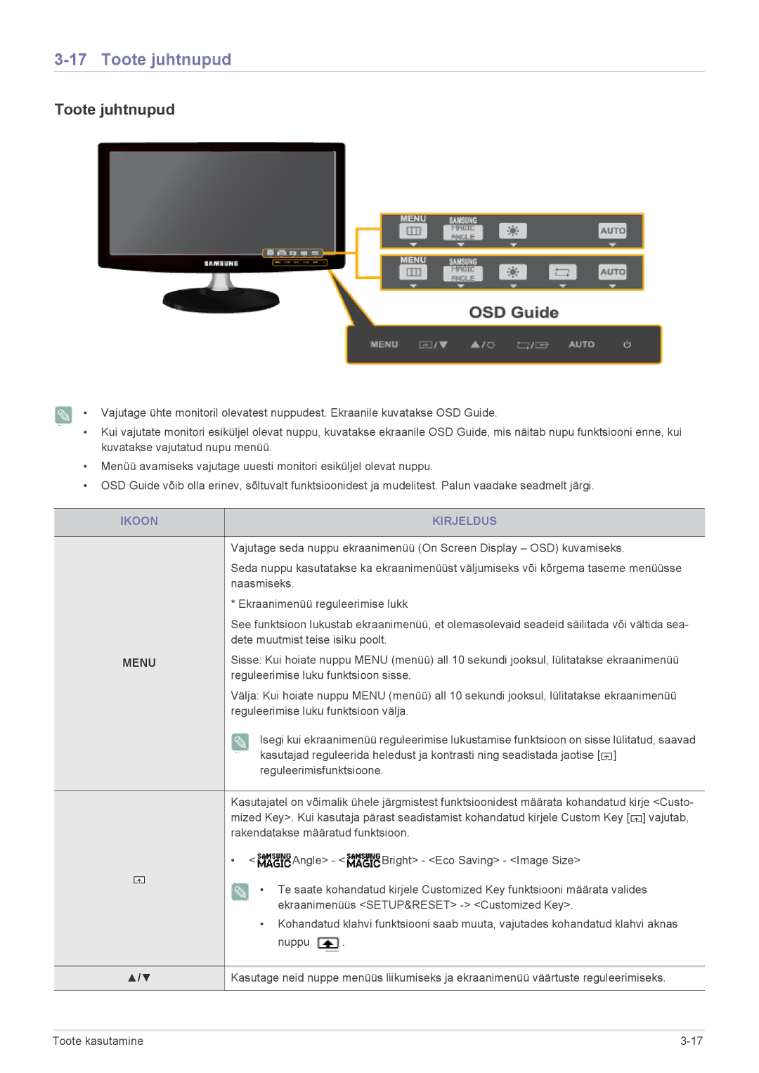 Samsung LS23B350BS/EN, LS24B350HS/EN, LS24B350HSY/EN, LS23B350HS/EN, LS27B350HS/EN manual Toote juhtnupud, Ikoon Kirjeldus 