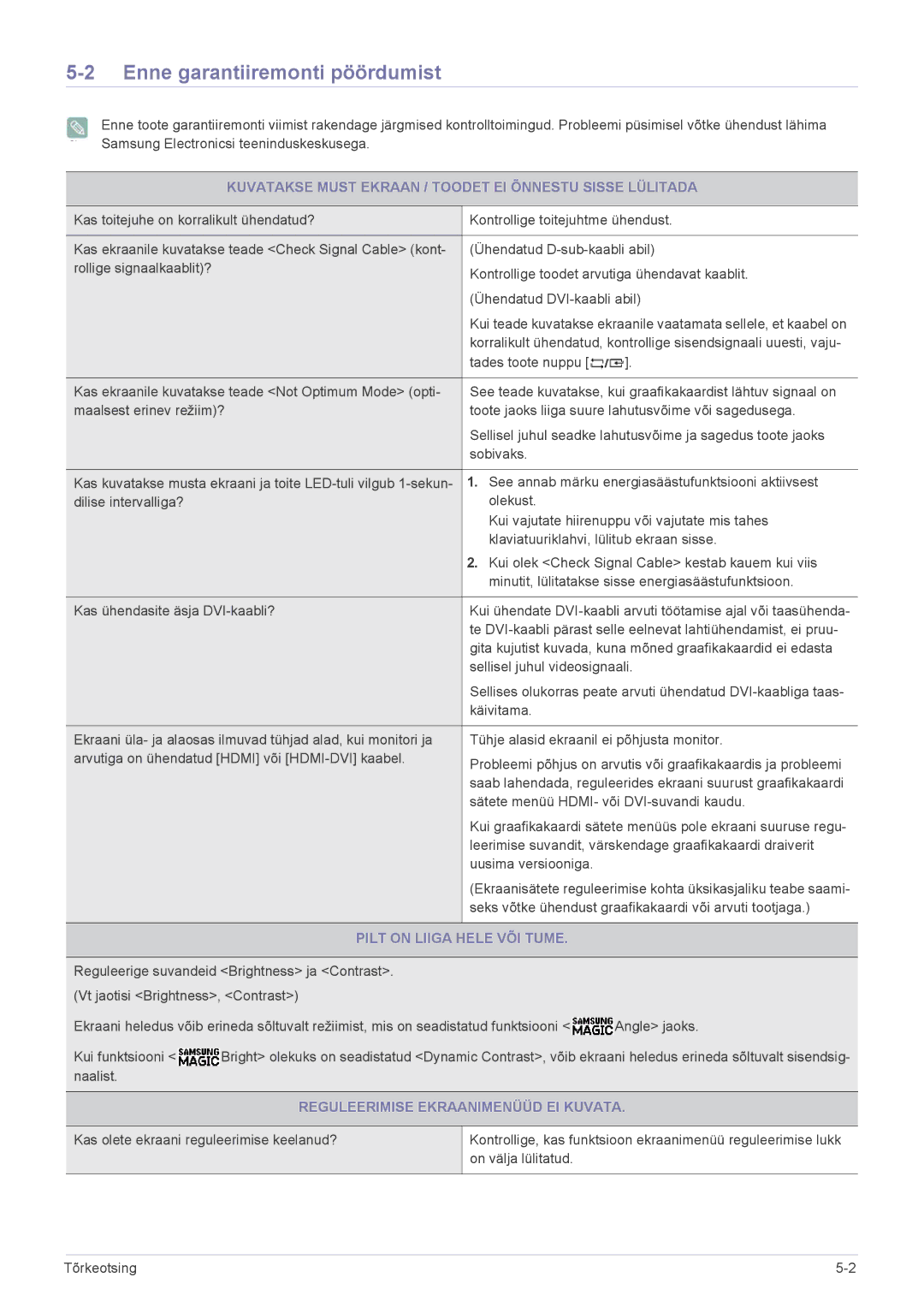 Samsung LS27B350HS/EN manual Enne garantiiremonti pöördumist, Kuvatakse Must Ekraan / Toodet EI Õnnestu Sisse Lülitada 