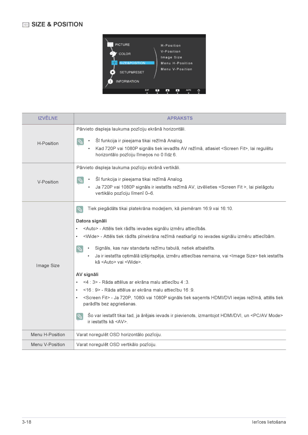 Samsung LS24B350HS/EN, LS23B350BS/EN, LS24B350HSY/EN, LS23B350HS/EN, LS27B350HS/EN, LS22B350HS/EN manual Size & Position 