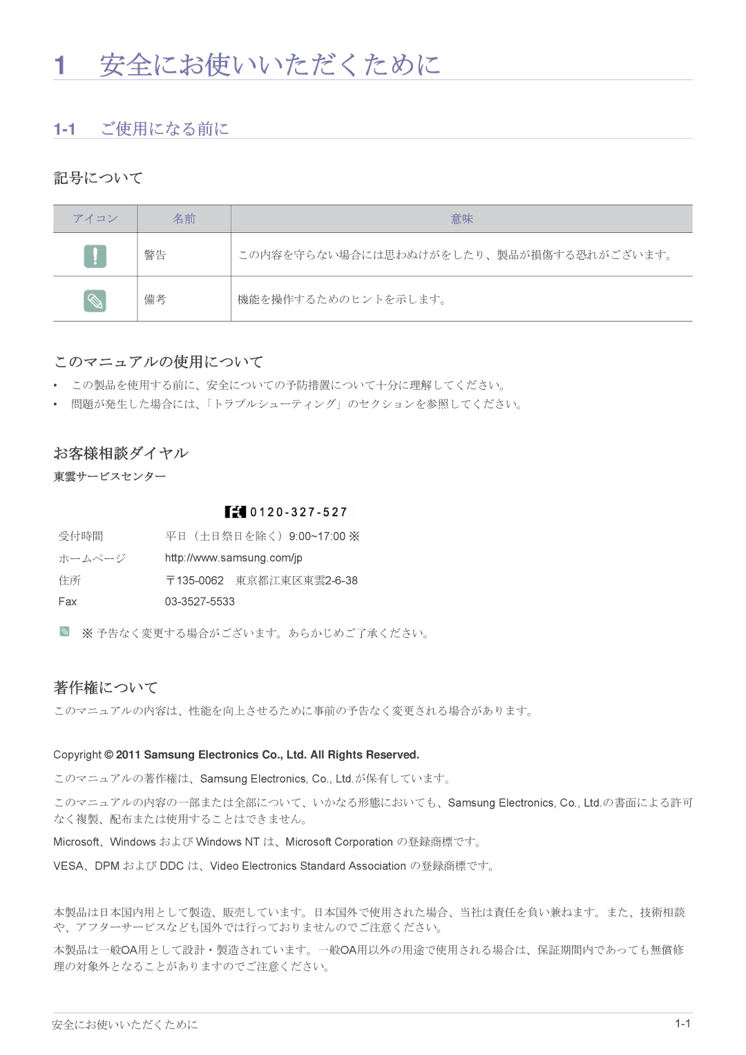 Samsung LS22B350HSH/XJ, LS23B350HSH/XJ, LS27B350HSH/XJ manual 1ご使用になる前に, 記号について, このマニュアルの使用について, お客様相談ダイヤル, 著作権について 