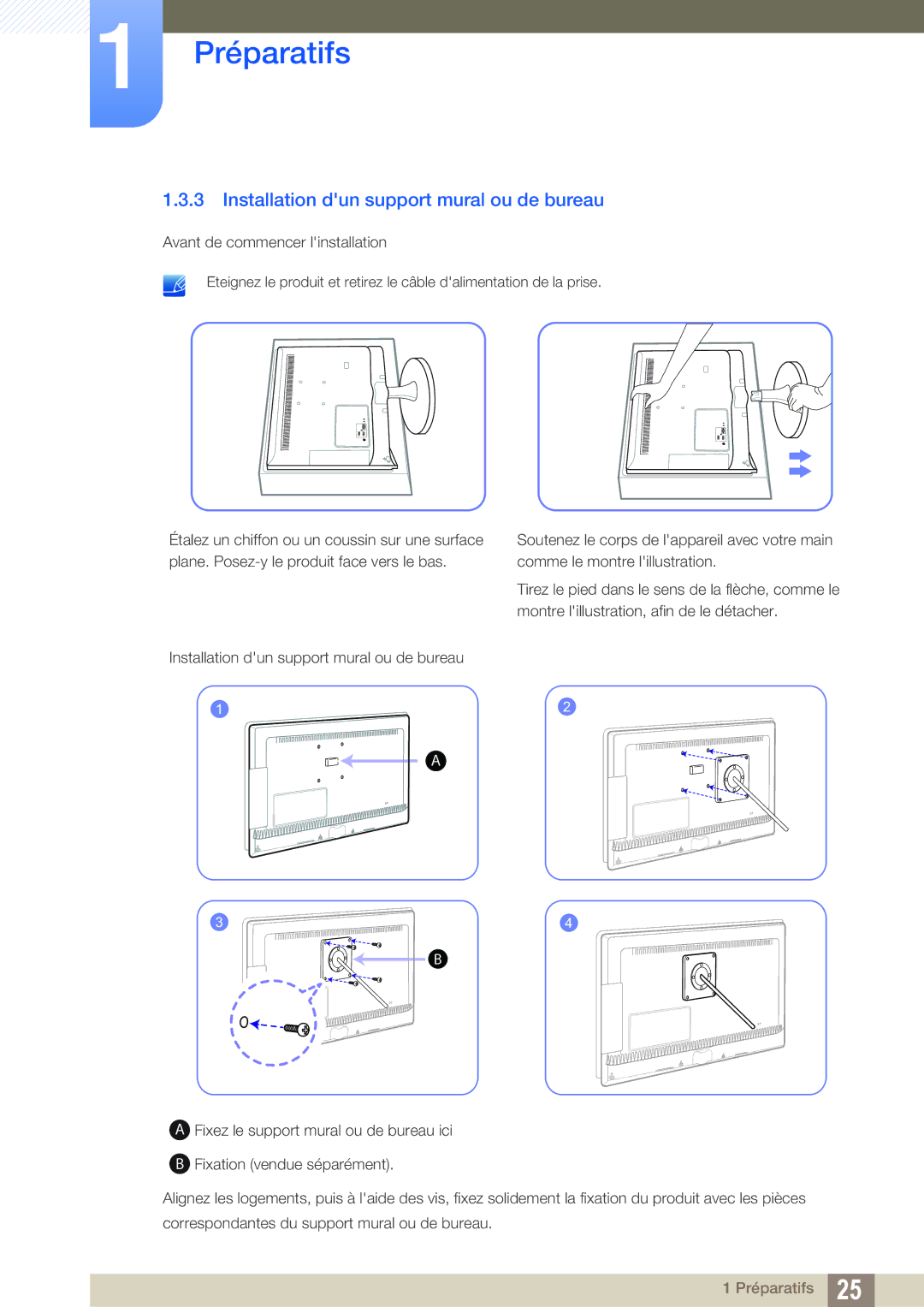 Samsung LS27B550VS/EN, LS23B550VS/EN manual Installation dun support mural ou de bureau 