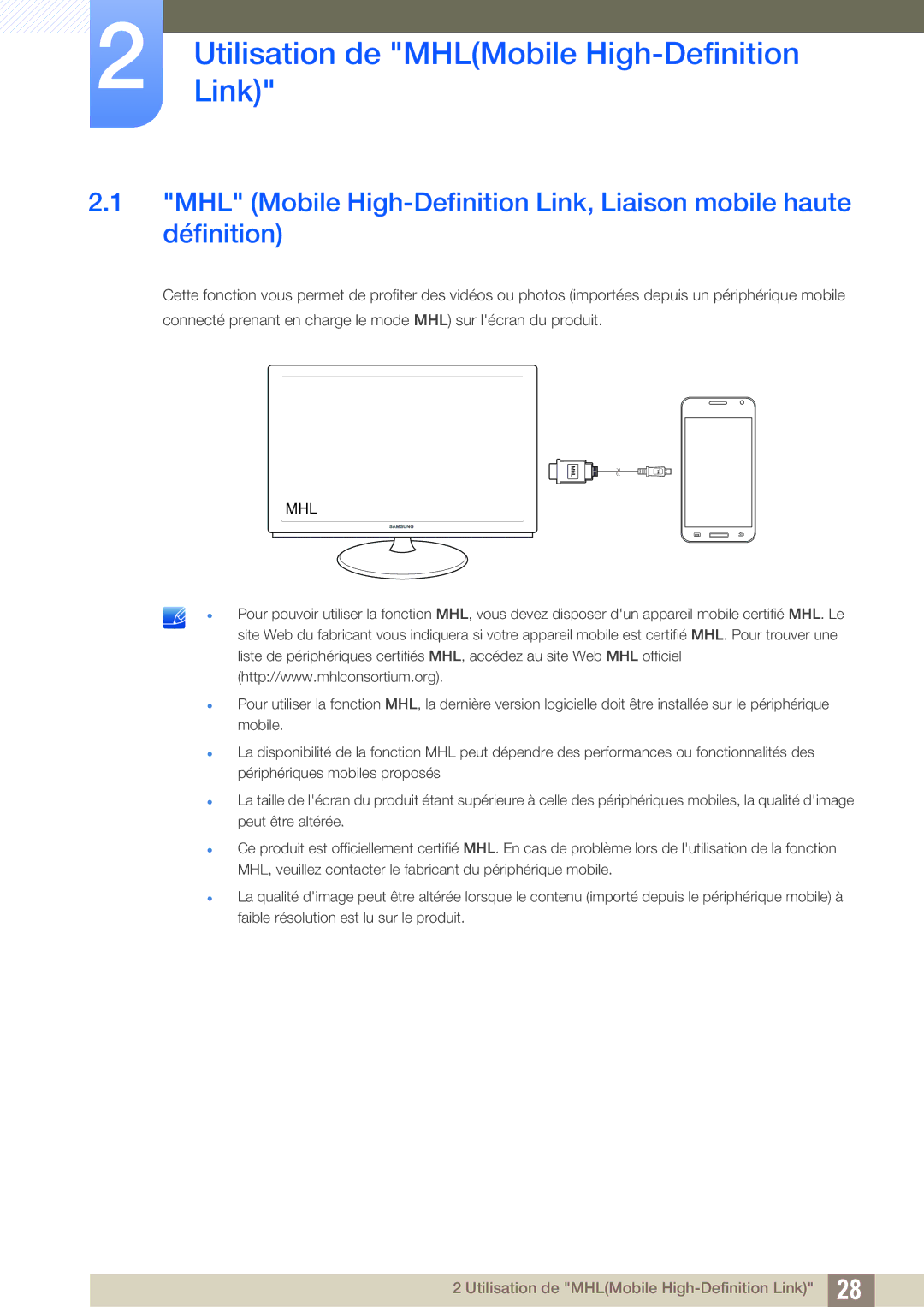 Samsung LS23B550VS/EN, LS27B550VS/EN manual UtilisationLink de MHLMobile High-Definition, Mhl 