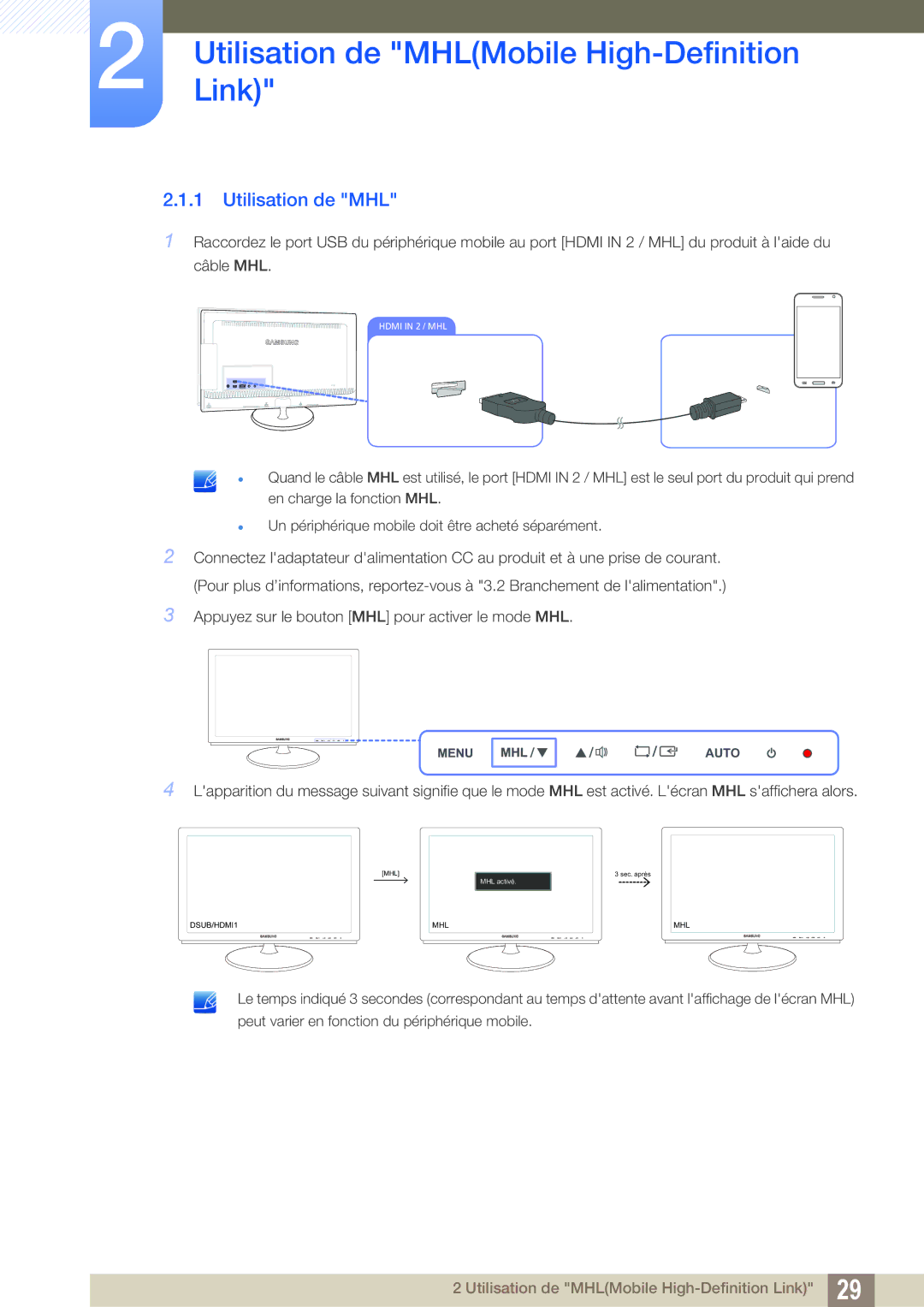 Samsung LS27B550VS/EN, LS23B550VS/EN manual Utilisation de MHL 