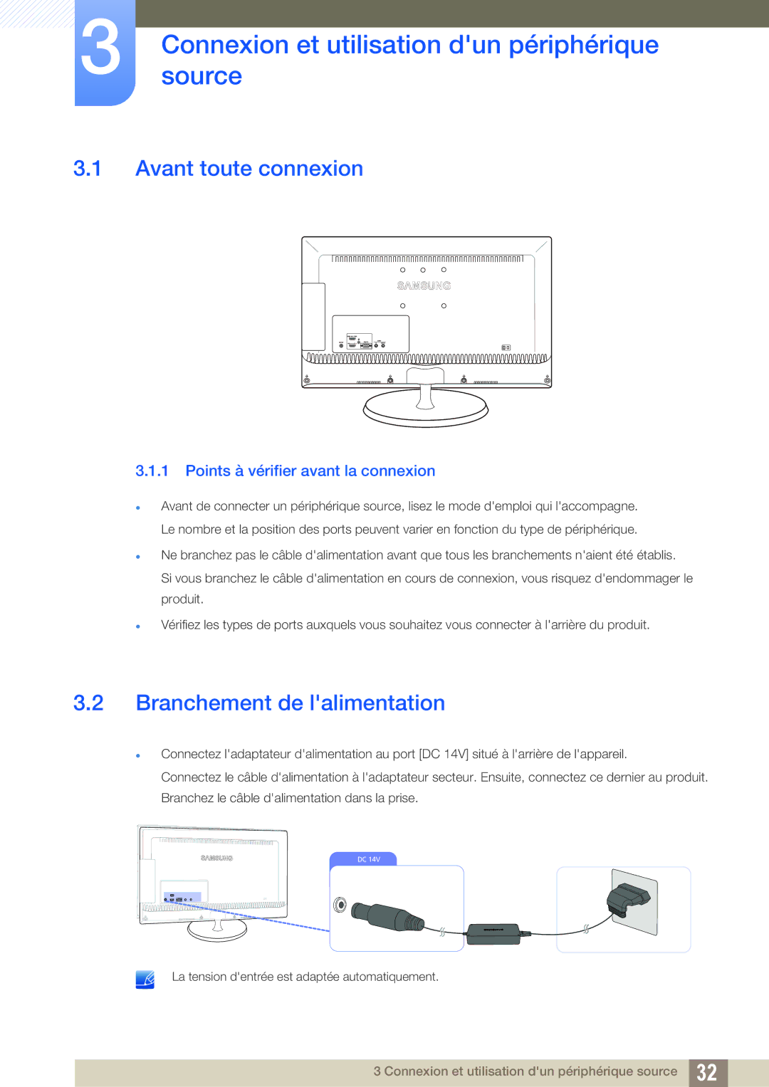 Samsung LS23B550VS/EN Connexionsource et utilisation dun périphérique, Avant toute connexion, Branchement de lalimentation 