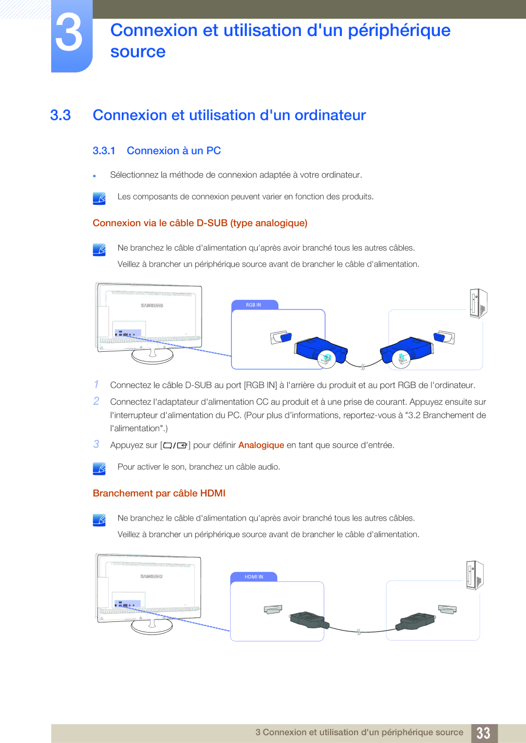 Samsung LS27B550VS/EN, LS23B550VS/EN manual Connexion et utilisation dun ordinateur, Connexion à un PC 