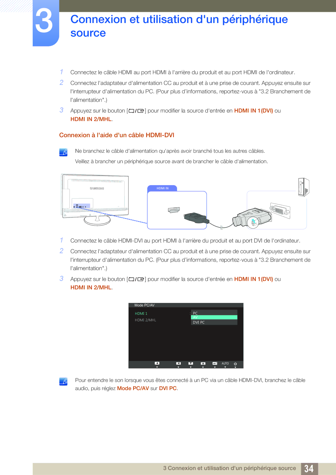 Samsung LS23B550VS/EN, LS27B550VS/EN manual Connexion à laide dun câble HDMI-DVI 