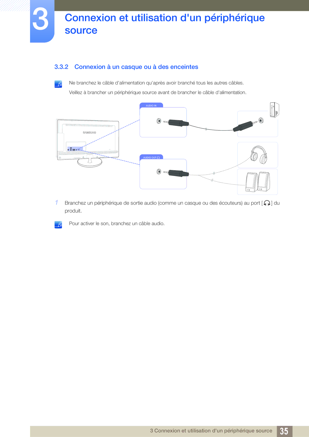 Samsung LS27B550VS/EN, LS23B550VS/EN manual Connexion à un casque ou à des enceintes 