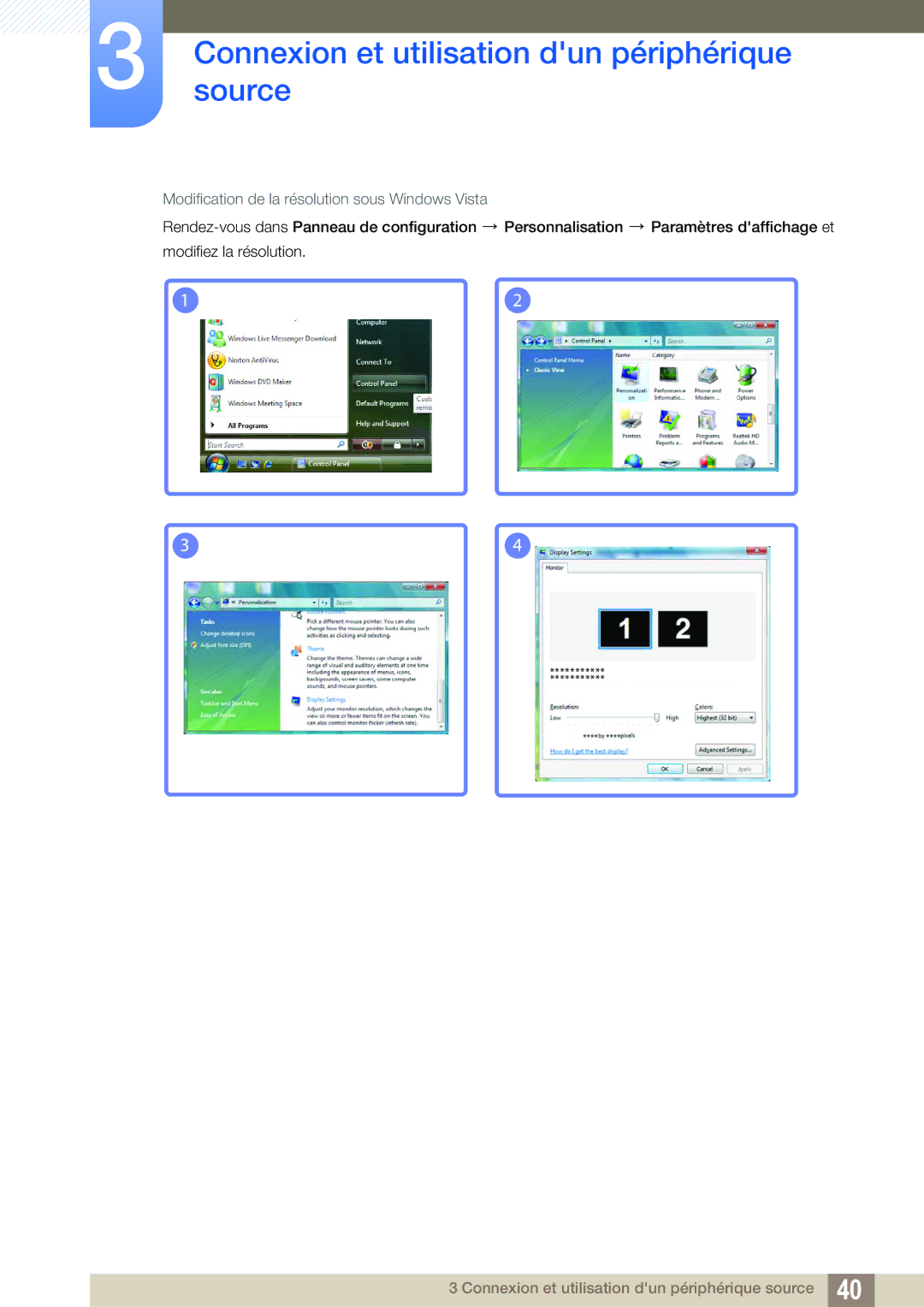 Samsung LS23B550VS/EN, LS27B550VS/EN manual Modification de la résolution sous Windows Vista 