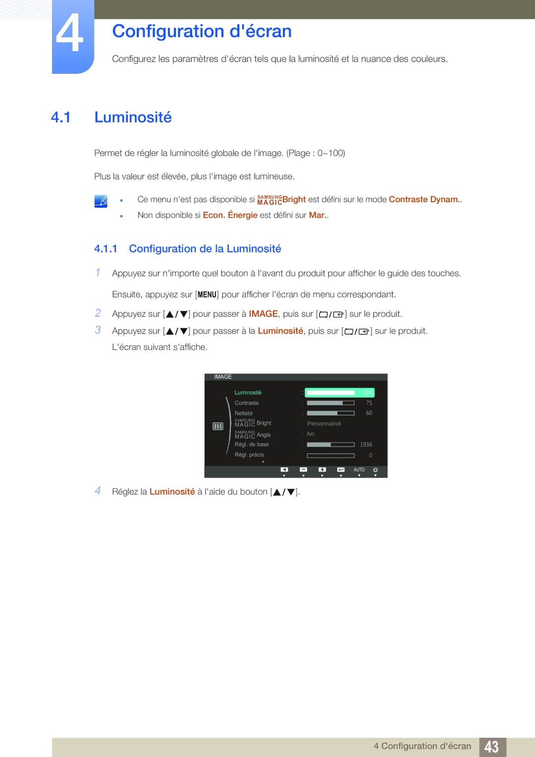 Samsung LS27B550VS/EN, LS23B550VS/EN manual Configuration décran, Configuration de la Luminosité 