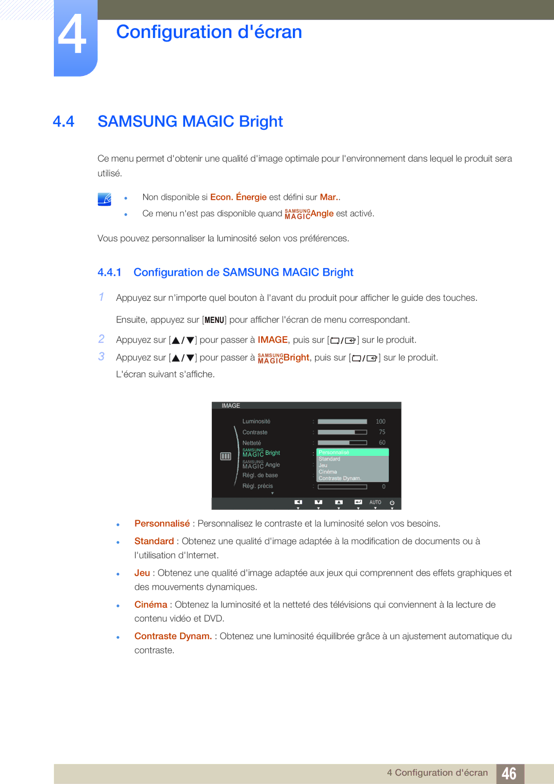 Samsung LS23B550VS/EN, LS27B550VS/EN manual Configuration de Samsung Magic Bright 