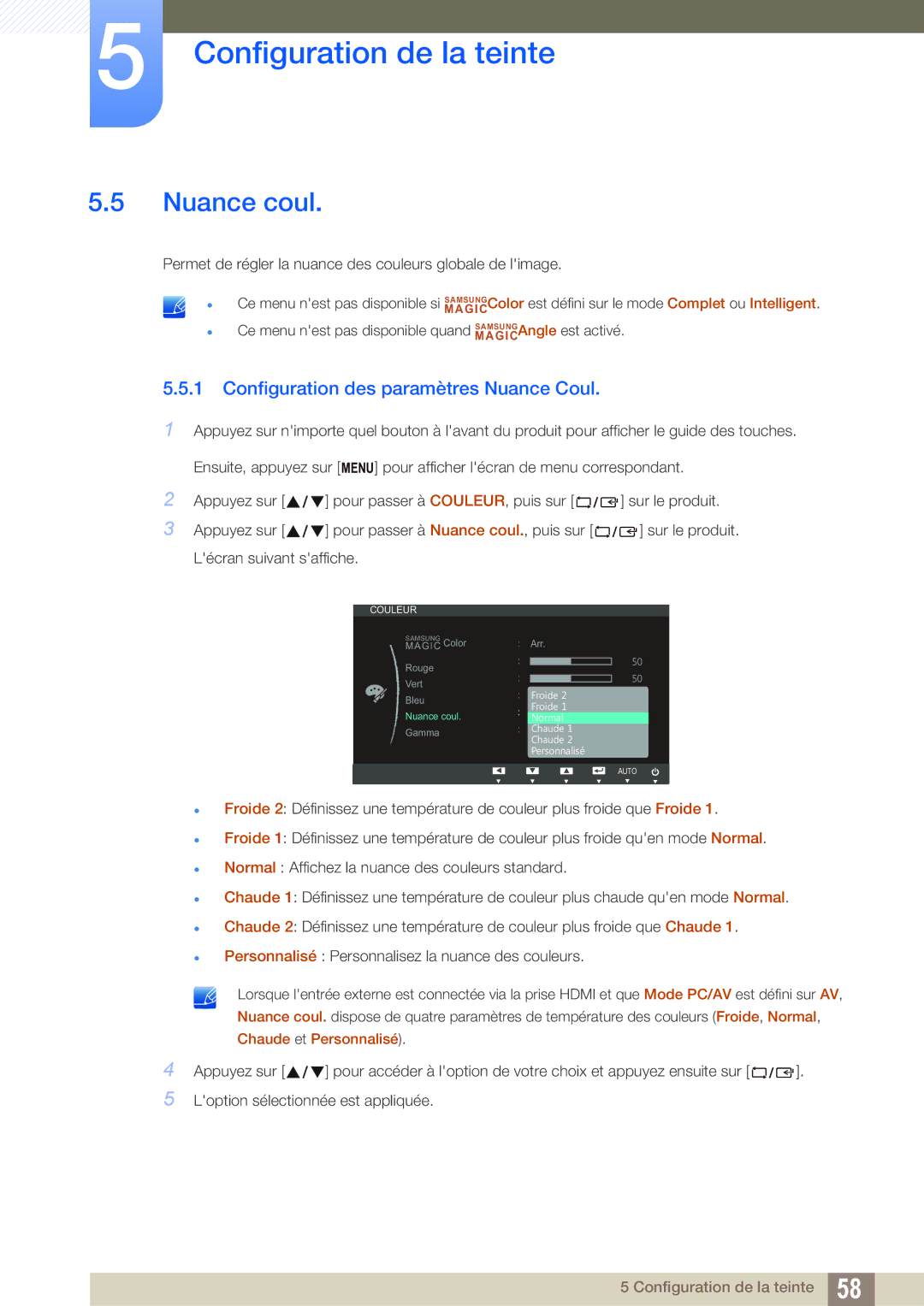 Samsung LS23B550VS/EN, LS27B550VS/EN manual Nuance coul, Configuration des paramètres Nuance Coul 