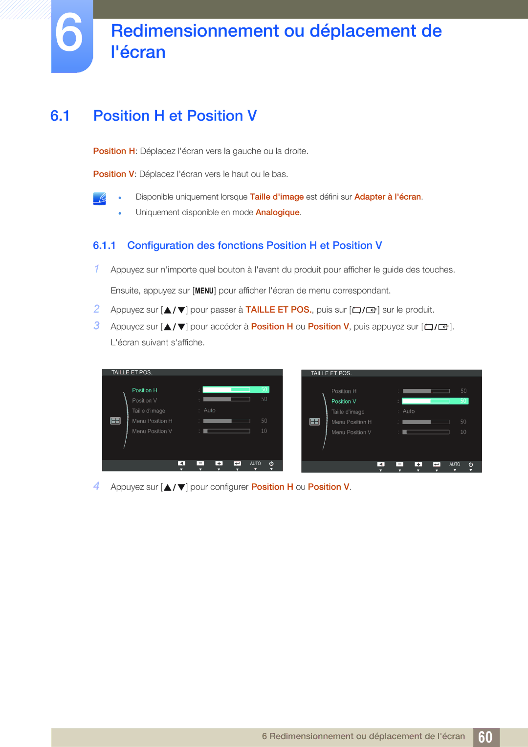 Samsung LS23B550VS/EN, LS27B550VS/EN manual Redimensionnementlécranou déplacement de, Position H et Position 