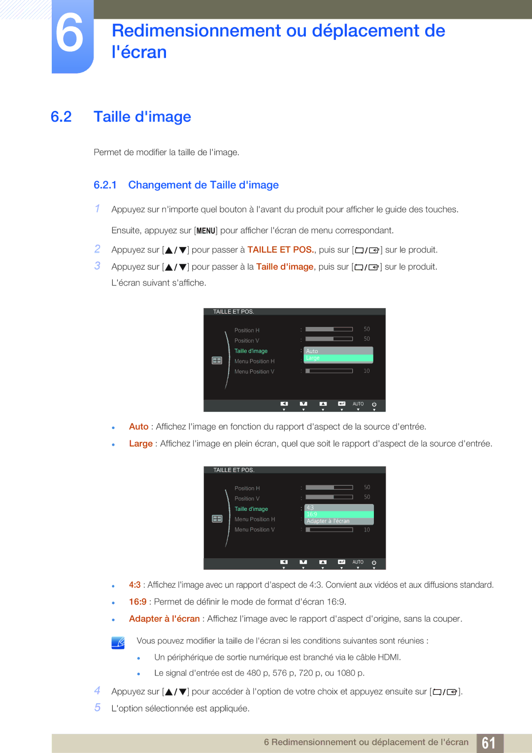 Samsung LS27B550VS/EN, LS23B550VS/EN manual Changement de Taille dimage 