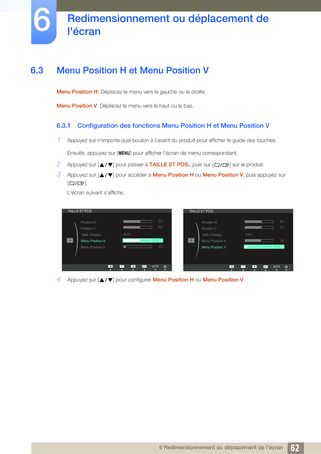 Samsung LS23B550VS/EN, LS27B550VS/EN manual Configuration des fonctions Menu Position H et Menu Position 