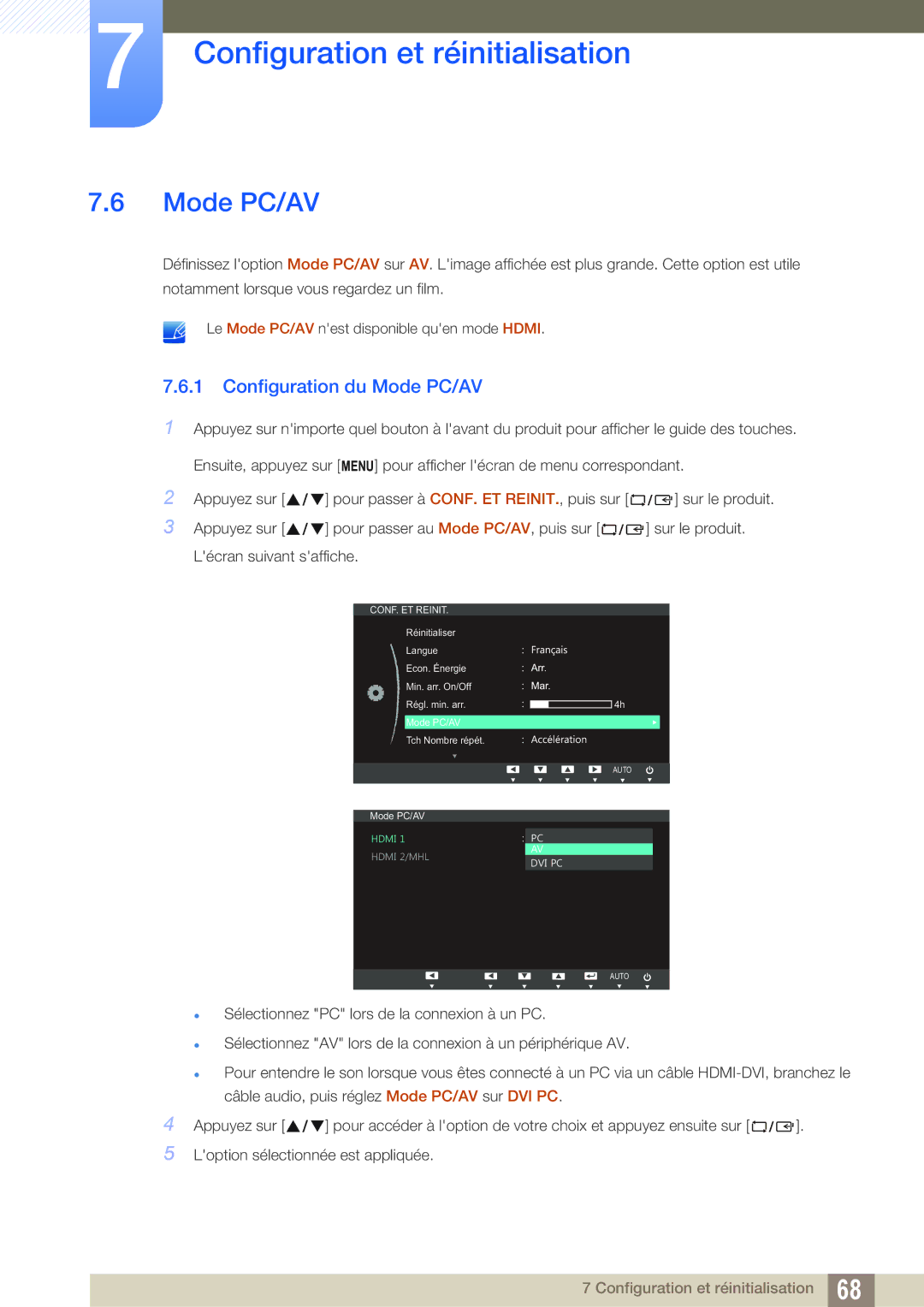 Samsung LS23B550VS/EN, LS27B550VS/EN manual Configuration du Mode PC/AV 