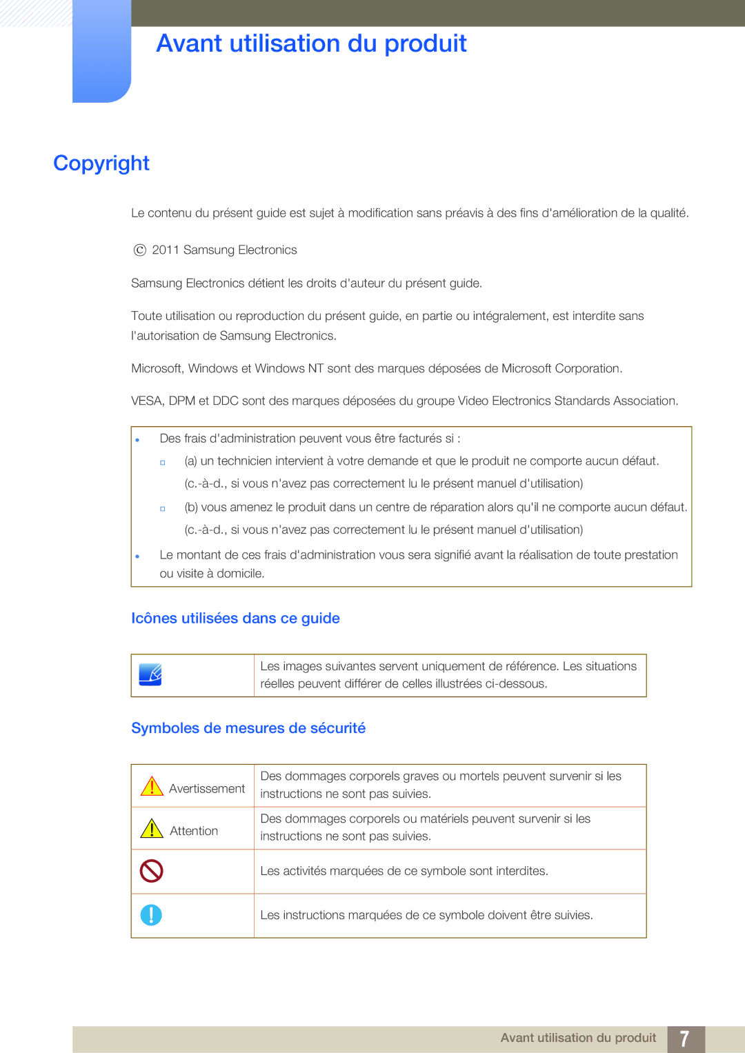 Samsung LS27B550VS/EN, LS23B550VS/EN manual Avant utilisation du produit, Copyright, Icônes utilisées dans ce guide 