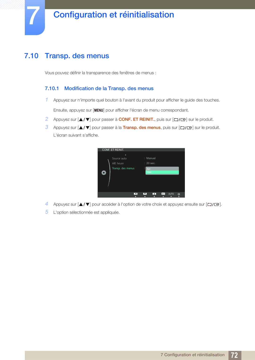 Samsung LS23B550VS/EN, LS27B550VS/EN manual Modification de la Transp. des menus 