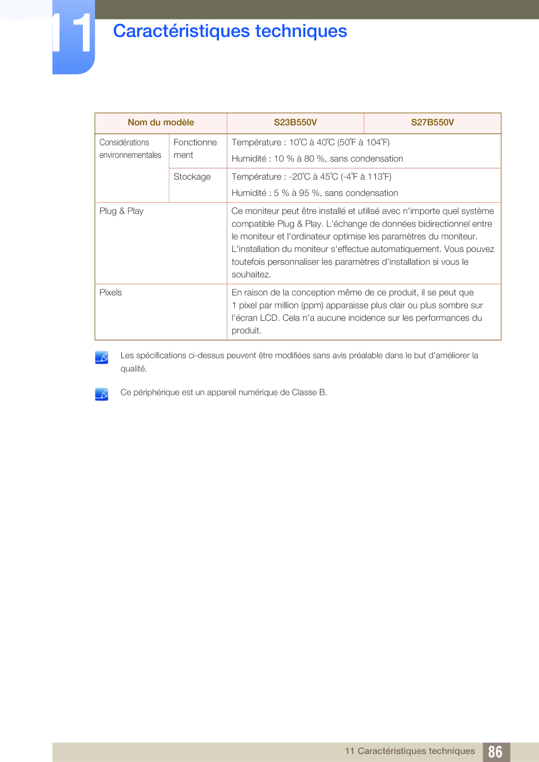 Samsung LS23B550VS/EN, LS27B550VS/EN manual Environnementales 