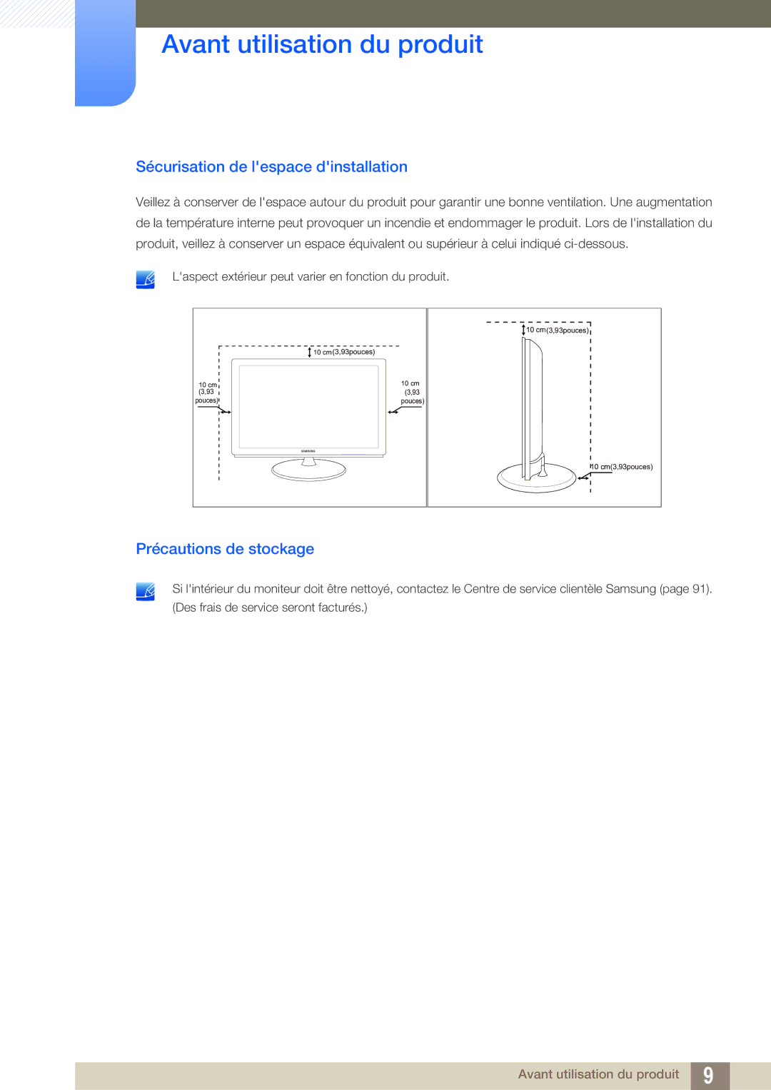 Samsung LS27B550VS/EN, LS23B550VS/EN manual Sécurisation de lespace dinstallation, Précautions de stockage 