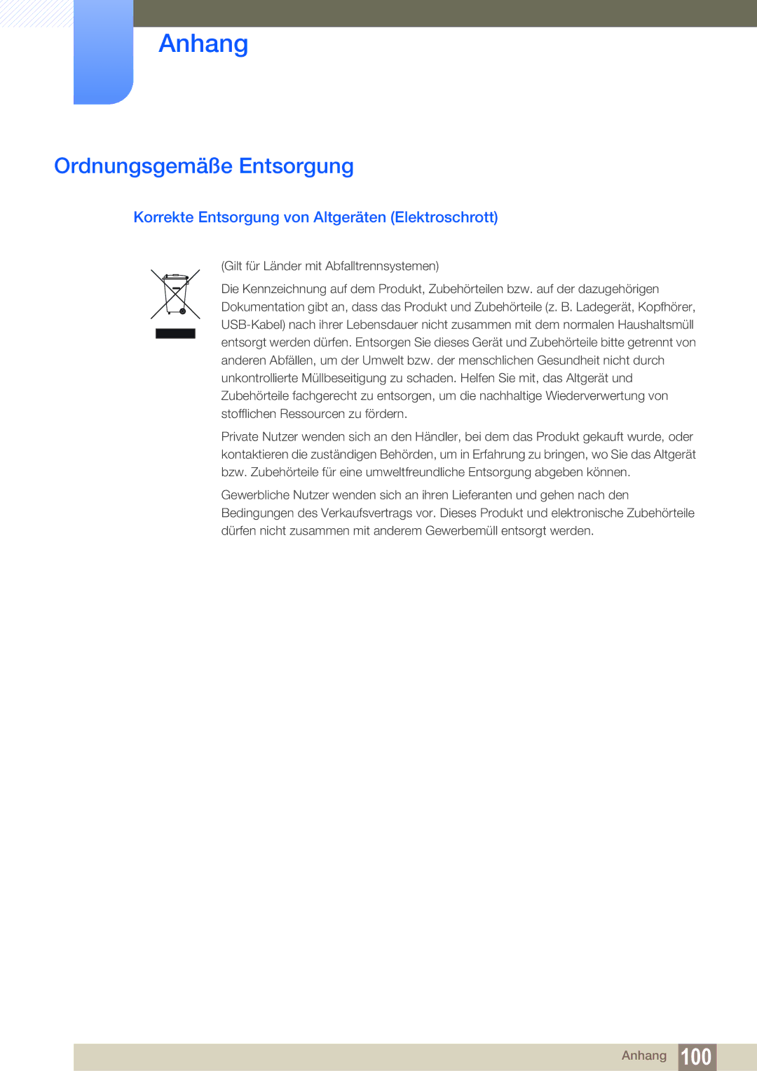 Samsung LS23B550VS/EN, LS27B550VS/EN manual Ordnungsgemäße Entsorgung, Korrekte Entsorgung von Altgeräten Elektroschrott 