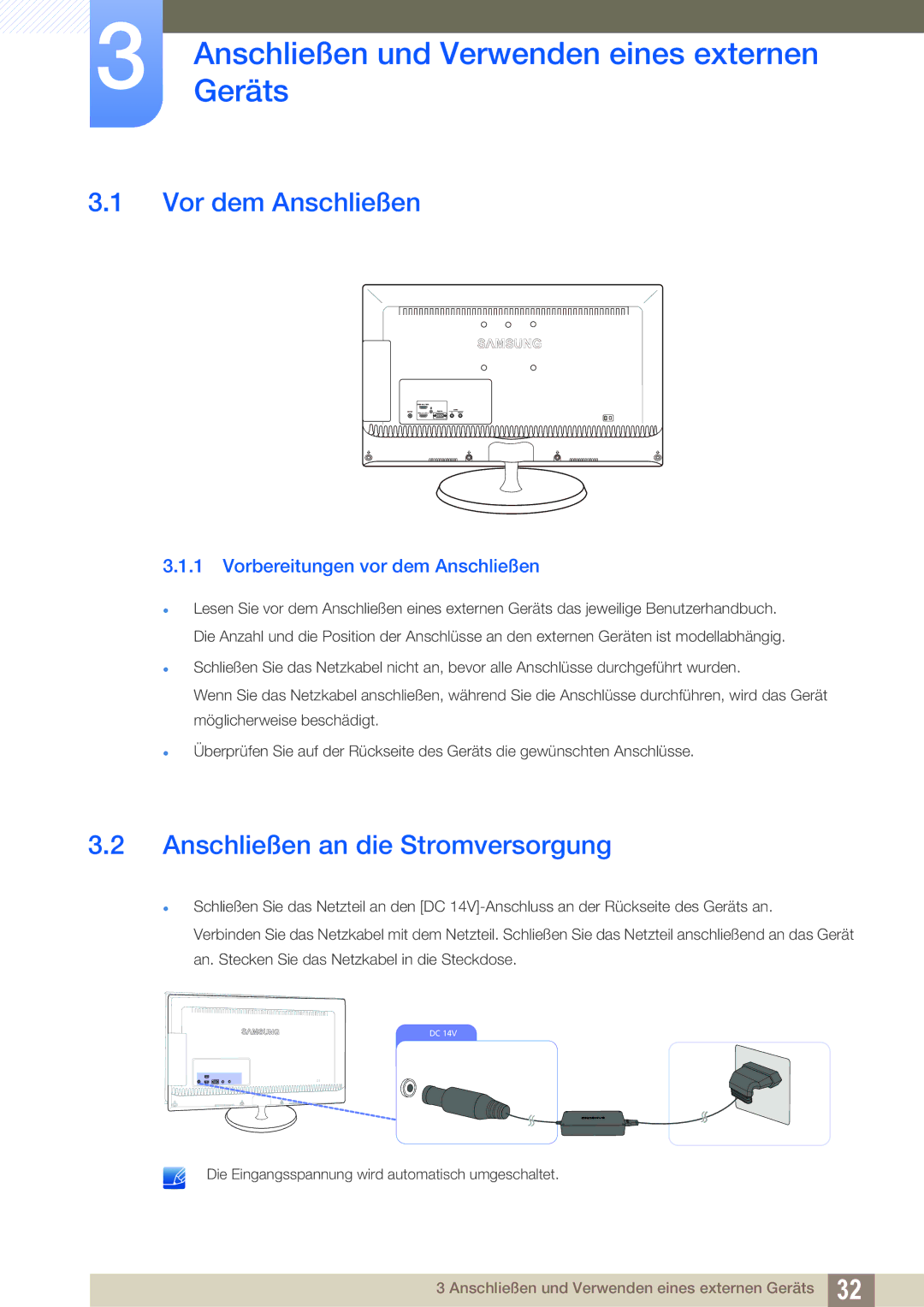 Samsung LS23B550VS/EN, LS27B550VS/EN manual AnschließenGeräts und Verwenden eines externen, Vor dem Anschließen 